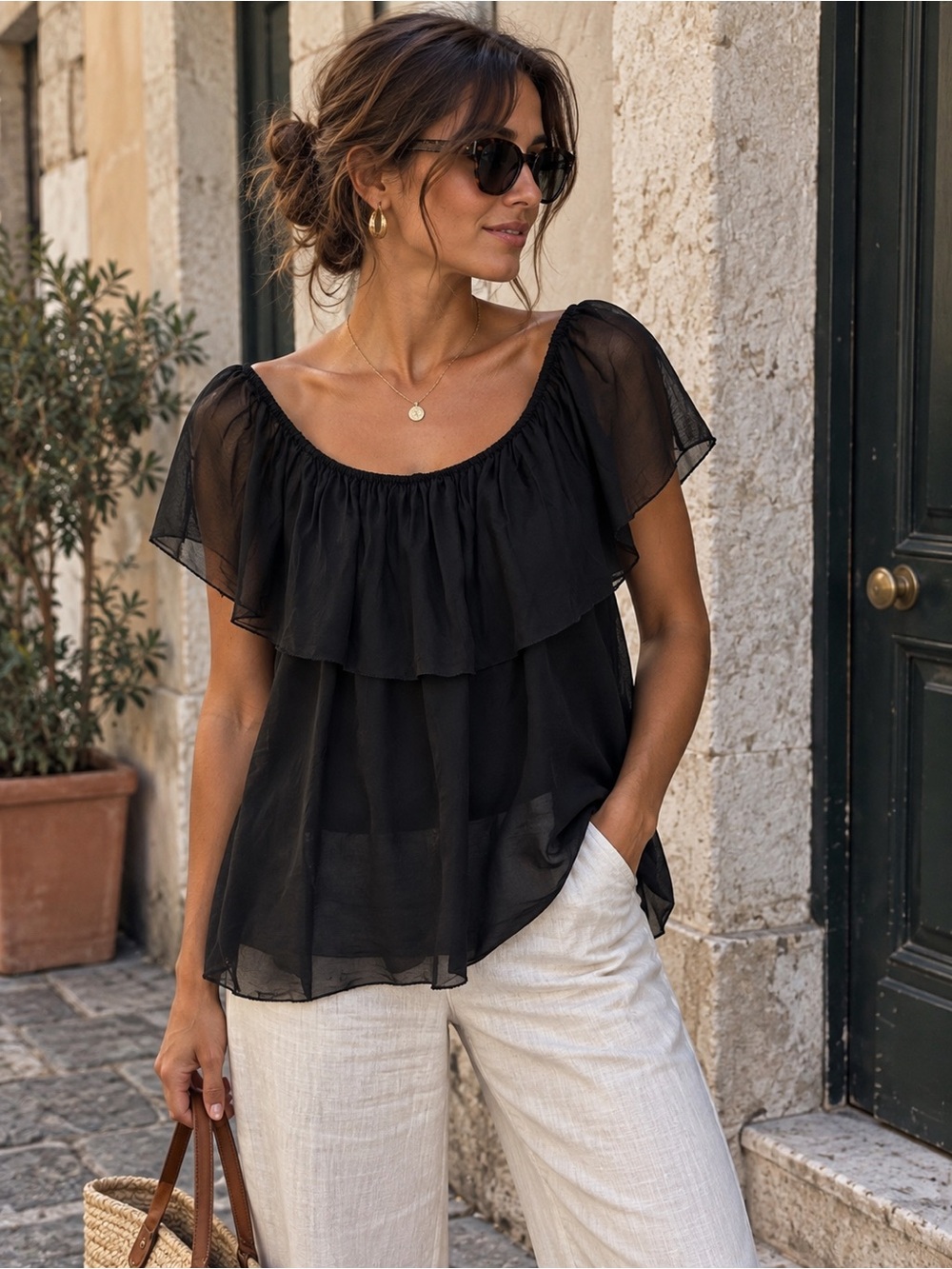 Gigi Moda 100% Silk Black Ruffle Blouse Made in Italy Romantic Boho Minimalist